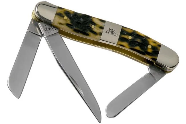 Case Medium Stockman, Tang Stamp Series, Peach Seed Jig, Olive Green Bone 21512, 6318 SS Pocket Knife 3 Case Medium Stockman, Tang Stamp Series, Peach Seed Jig, Olive Green Bone 21512, 6318 SS Pocket Knife
